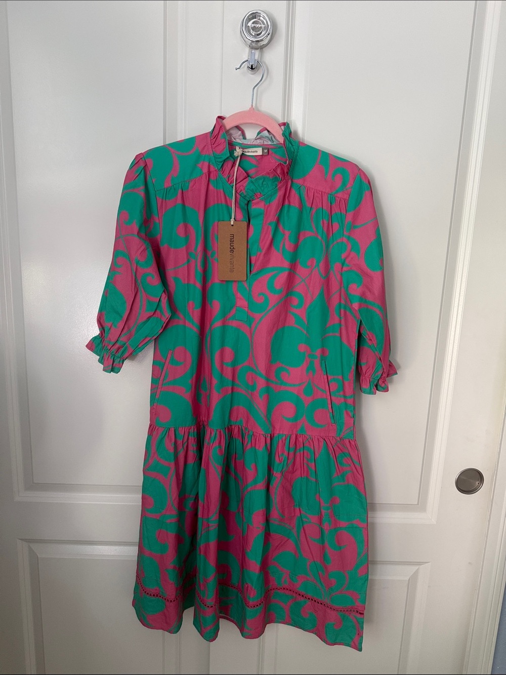 Maude Vicente Women’s Pink & Green Patterned Ruffle Neck Dress